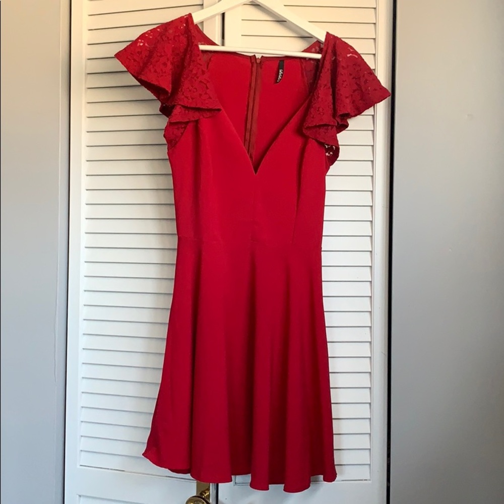 Red Lace Flutter Sleeve Fit Flare Dress